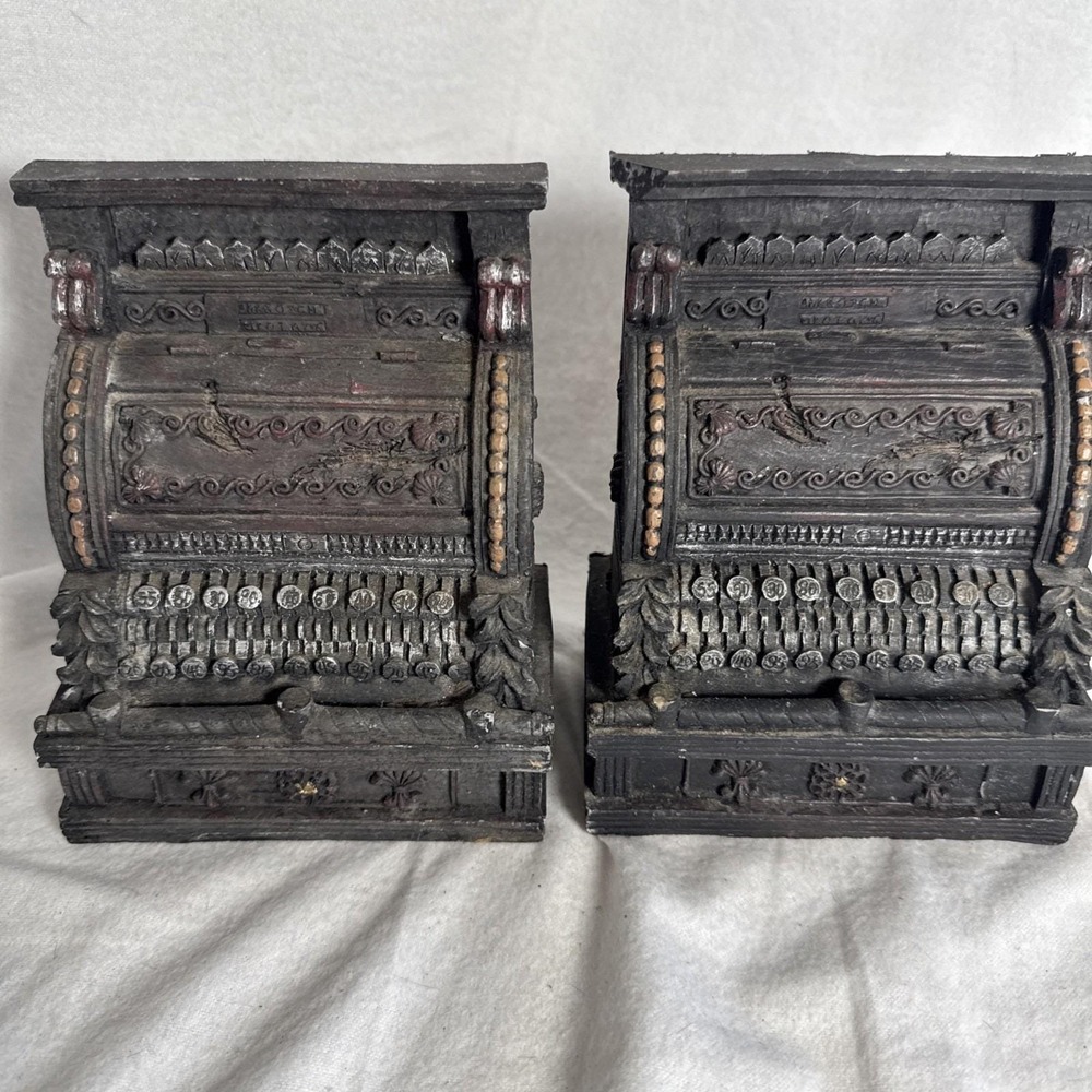 Vintage Pair Mercantile Cash Register Book Ends Holder Shelf Decor Heavy 6x3"